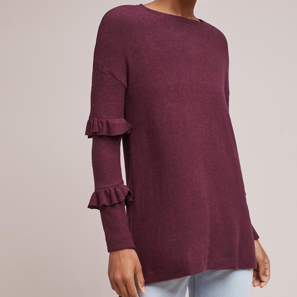 Anthropologie Postmark Cora Burgundy Ruffle Sleeve Top Lightweight Sweater Small
